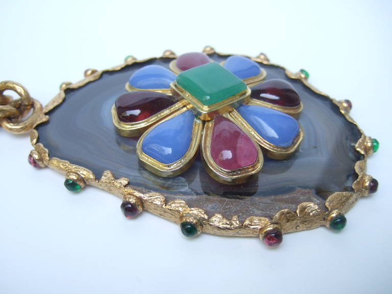Rough Cut CHANEL Incredible Poured Glass Agate Pendent Necklace c 1980 For Sale
