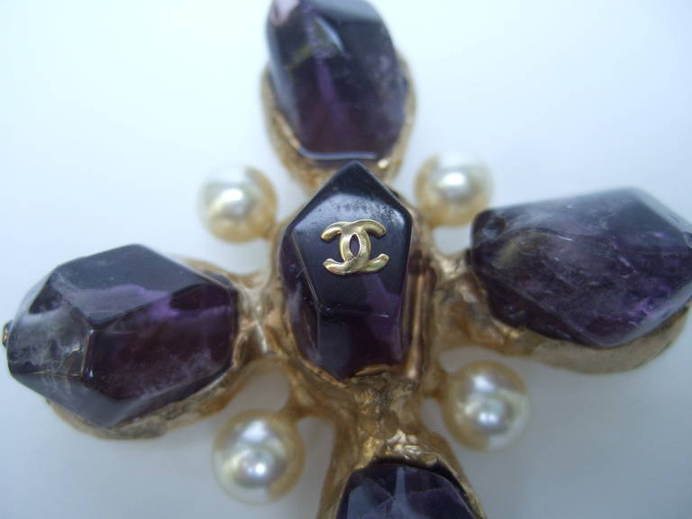 Chanel Spectacular Amethyst & Glass Pearl Cross Brooch 3