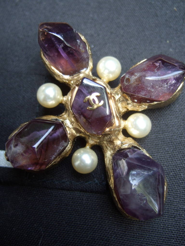 Chanel Spectacular Amethyst & Glass Pearl Cross Brooch In Good Condition In University City, MO