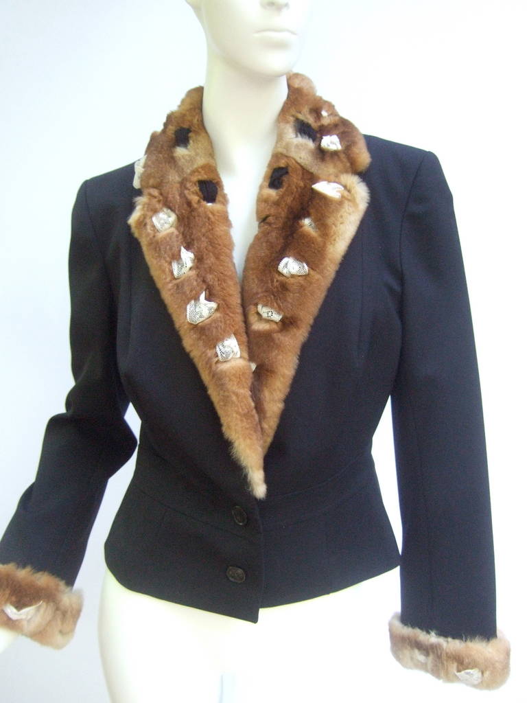 JOHN GALLIANO Fur trim avant-garde black jacket Made in France
The stylish jacket is trimmed with rex chinchilla rabbit fur
The unique design combines fur with intertwined pieces 
of white lace & black chiffon strung throughout the collar &