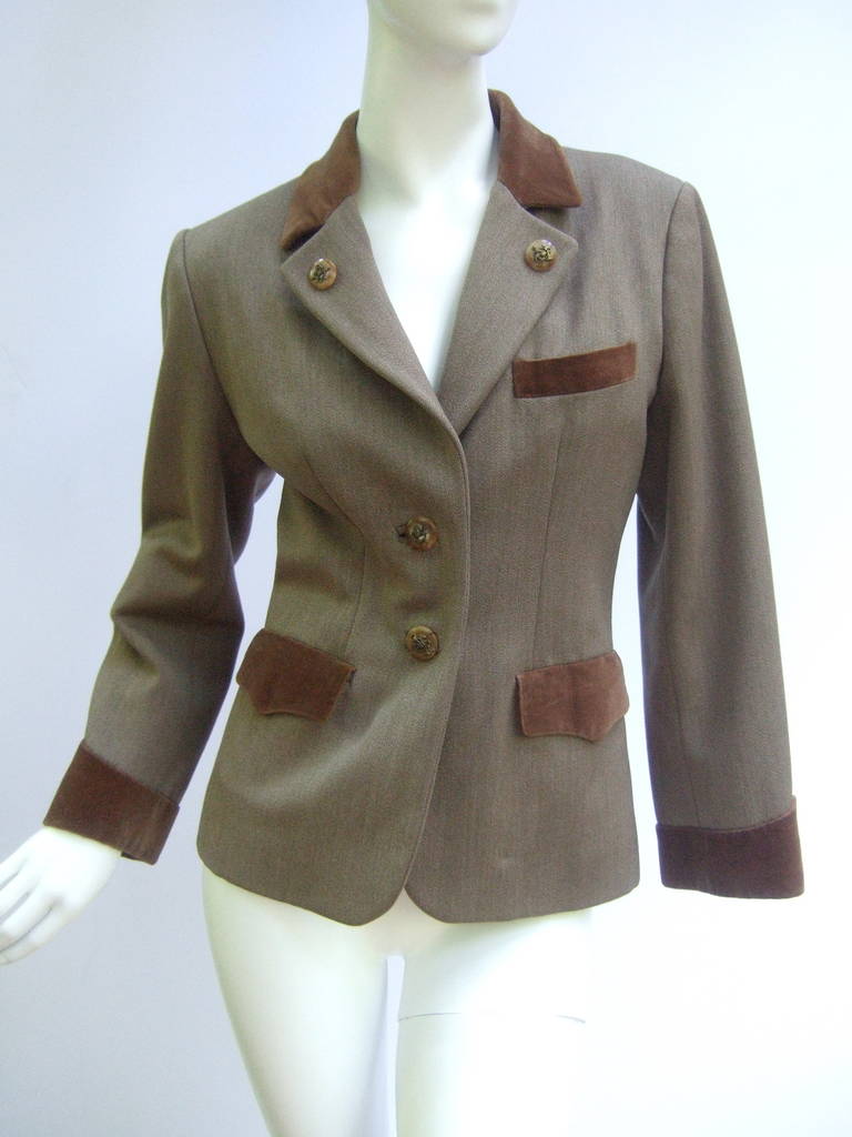 HERMES Paris Equestrian Brown Wool Velvet Trim Jacket ca 1970 3