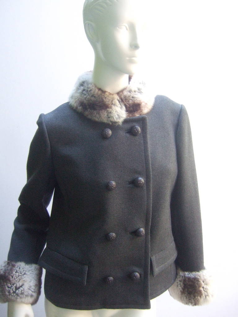 Chinchilla Trim Gray Double Breasted Wool Jacket ca 1970 In Good Condition In University City, MO
