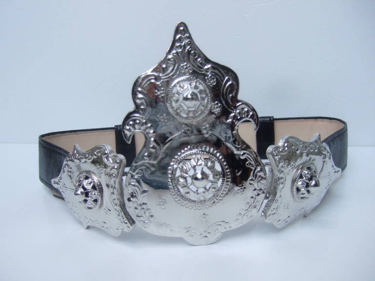 ALEXIS KIRK Massive Ornate Silver Metal Black Leather Belt ca 1980s