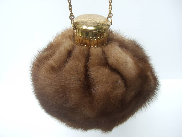 Opulent Mink Fur Round Evening Bag c 1960 In Excellent Condition In University City, MO