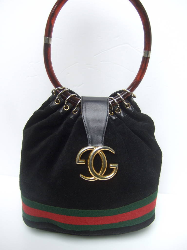 Gucci Luxurious Black Suede Lucite Handle Handbag c 1970 at 1stdibs