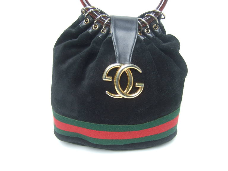 Gucci Luxurious Black Suede Lucite Handle Handbag c 1970 In Good Condition In University City, MO