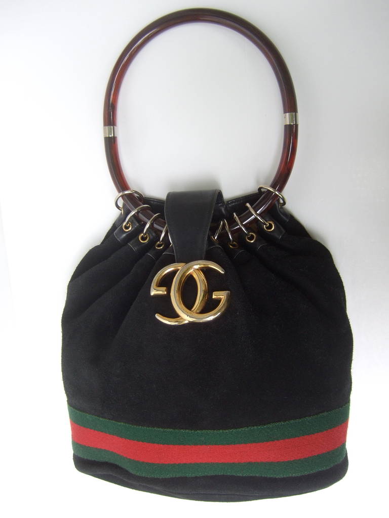 Gucci Luxurious Black Suede Lucite Handle Handbag c 1970 2