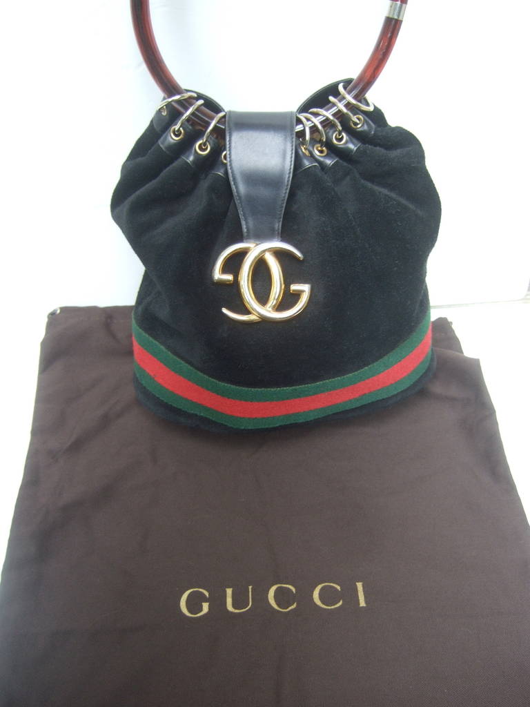 Gucci Luxurious Black Suede Lucite Handle Handbag c 1970 5