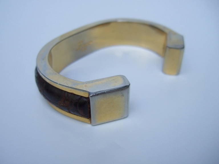 Loewe Sleek Alligator Gilt Metal Cuff Bracelet ca 1970 In Good Condition In University City, MO