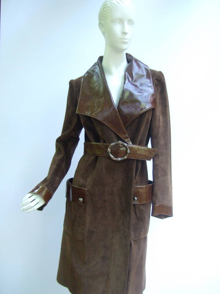 Gucci Brown Suede Trench Coat with Sterling Silver Buckle ca 1970 For Sale 1