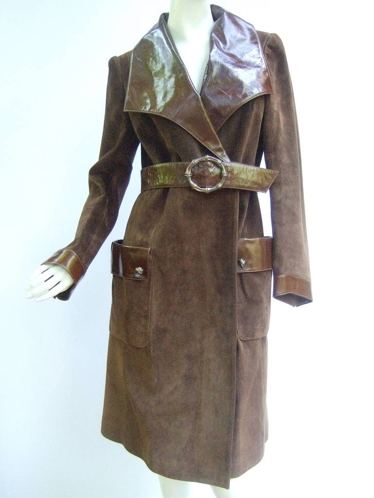 Gucci Brown Suede Trench Coat with Sterling Silver Buckle ca 1970 For Sale 2