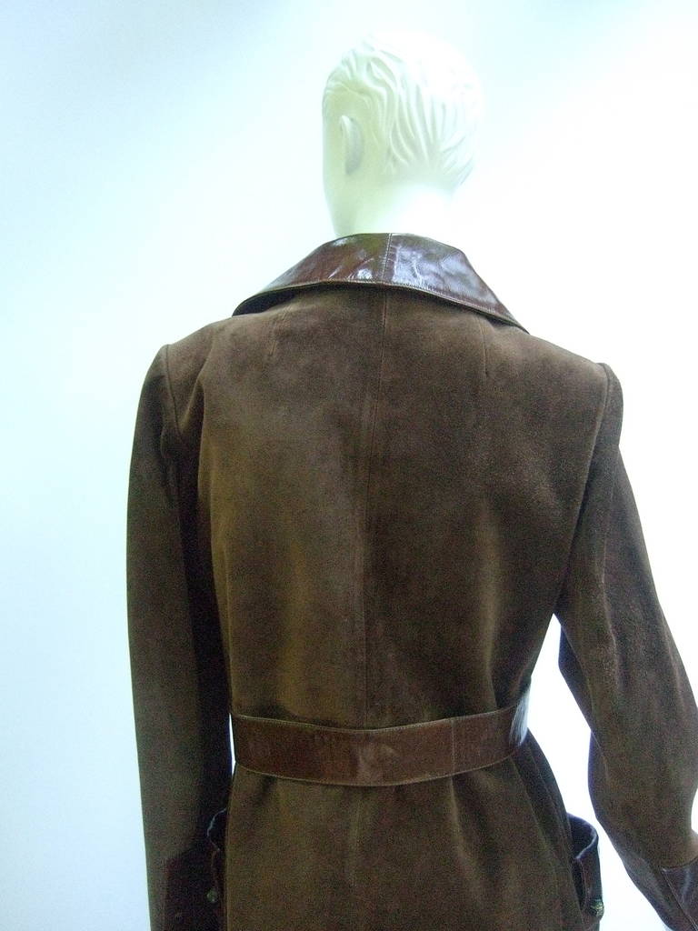 Gray Gucci Brown Suede Trench Coat with Sterling Silver Buckle ca 1970 For Sale