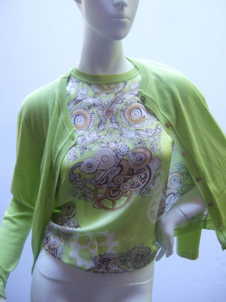 Gray Versace Chic Silk & Wool Chartreuse Twin Set with Medusa Buttons