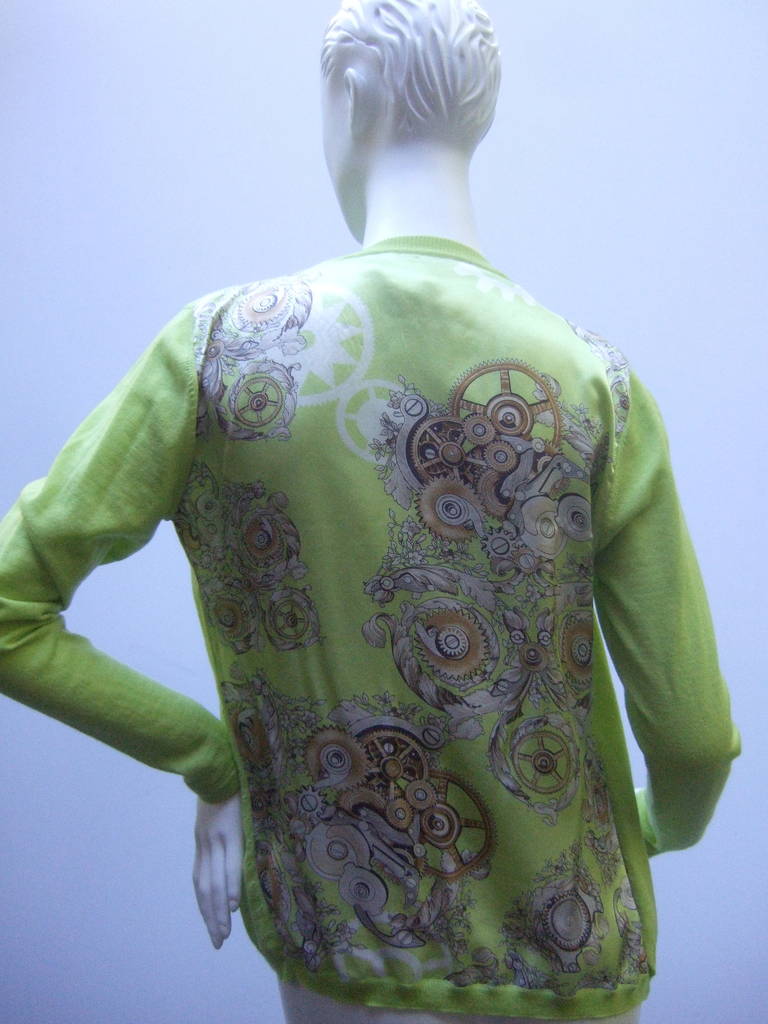 Versace Chic Silk & Wool Chartreuse Twin Set with Medusa Buttons In Excellent Condition In University City, MO