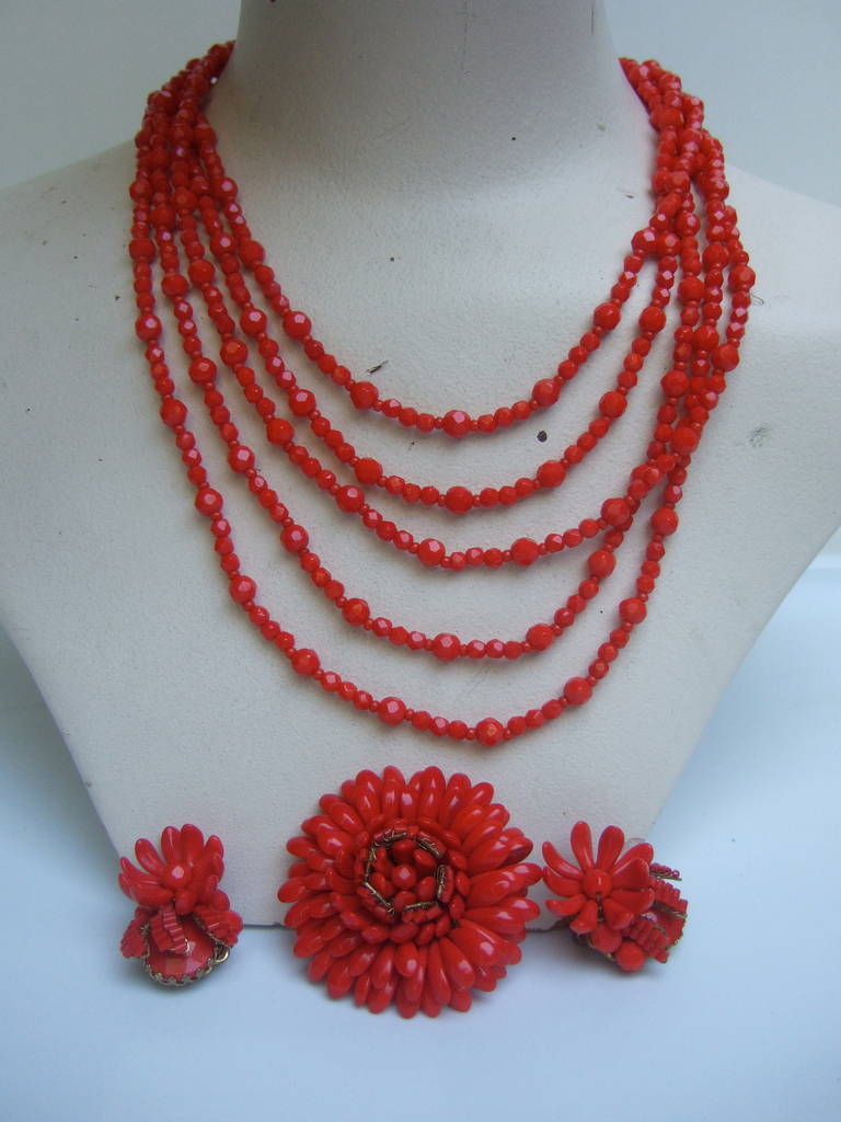 Miriam Haskell Scarlet Glass Beaded Necklace Set c 1960 1