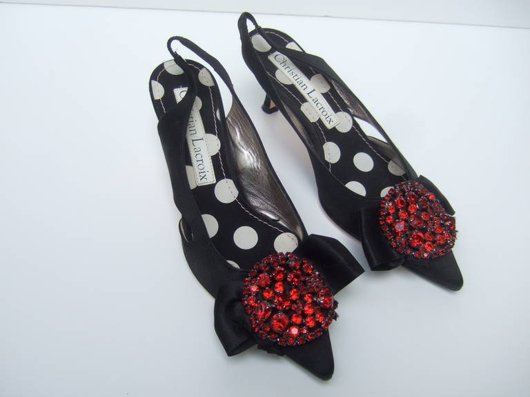 Christian Lacroix Ruby Crystal Black Satin Slingbacks Size 36 In Excellent Condition In University City, MO