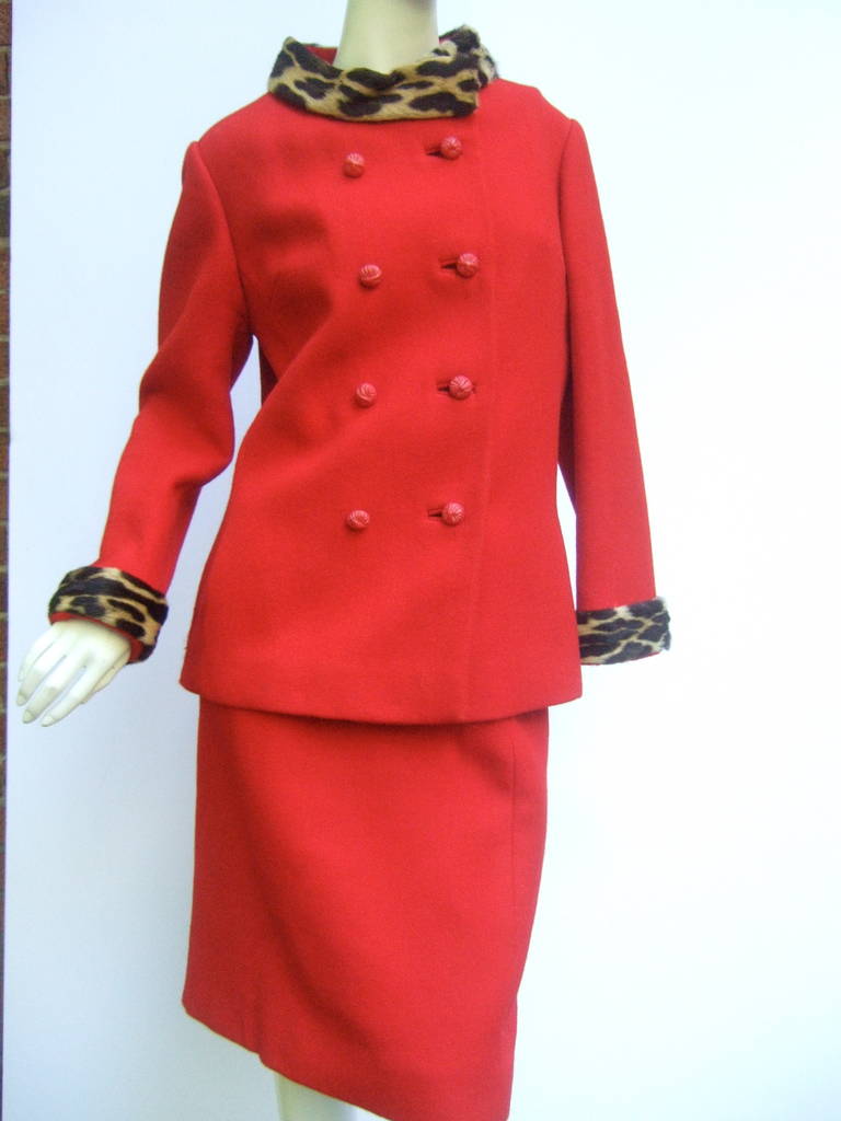 1960s Leopard Trim Red Wool Skirt Suit 2
