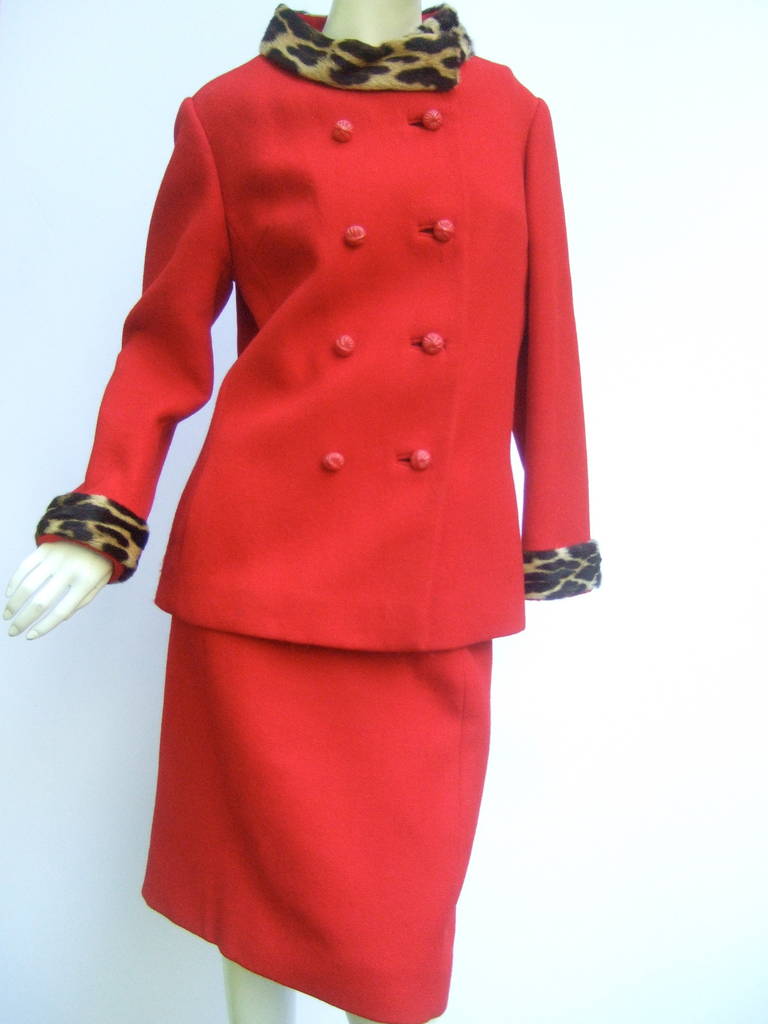 1960s Leopard Trim Red Wool Skirt Suit In Good Condition In University City, MO