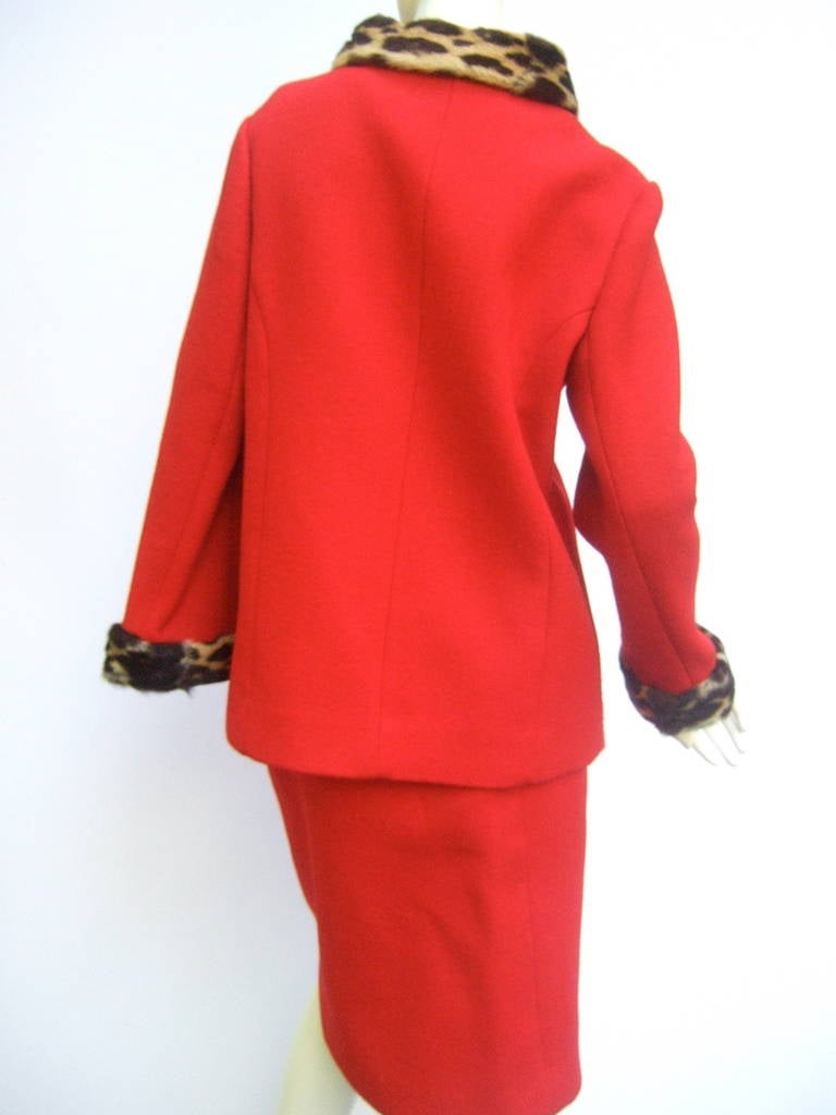1960s Leopard Trim Red Wool Skirt Suit 6