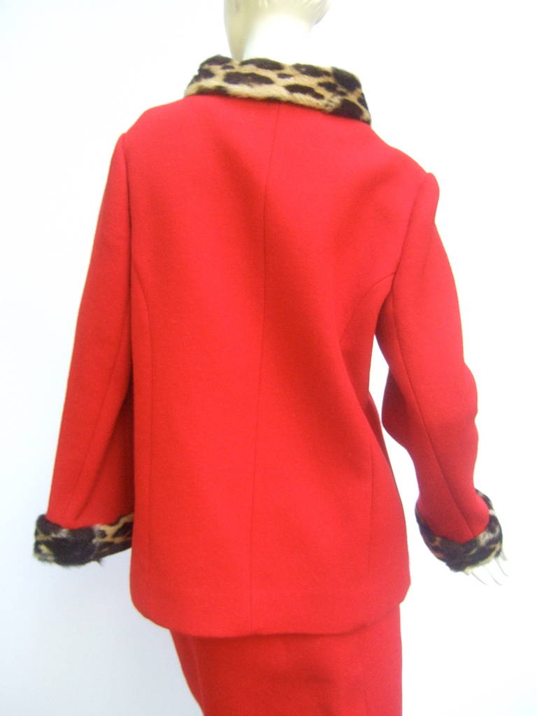 1960s Leopard Trim Red Wool Skirt Suit 4