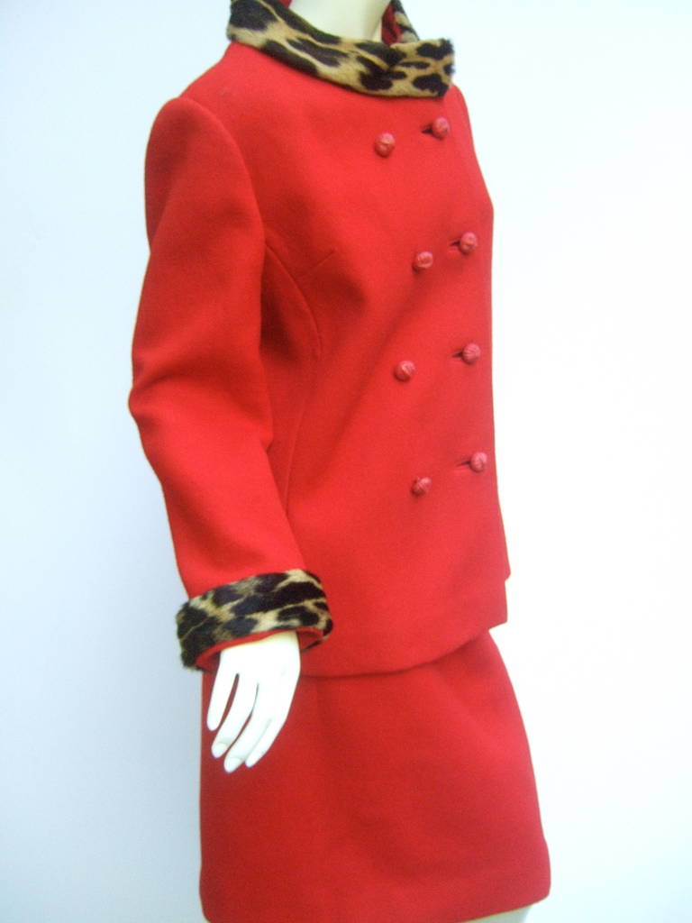 Women's 1960s Leopard Trim Red Wool Skirt Suit