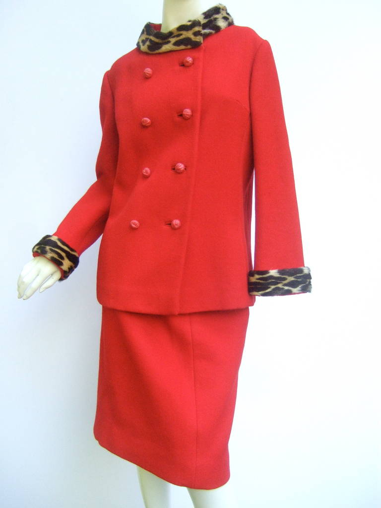 1960s Leopard Trim Red Wool Skirt Suit 5