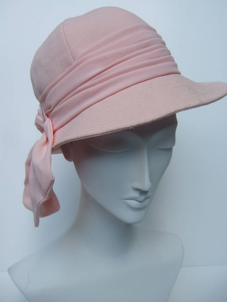 Yves Saint Laurent Pale Pink Bow Trim Hat c 1970 In Good Condition In University City, MO