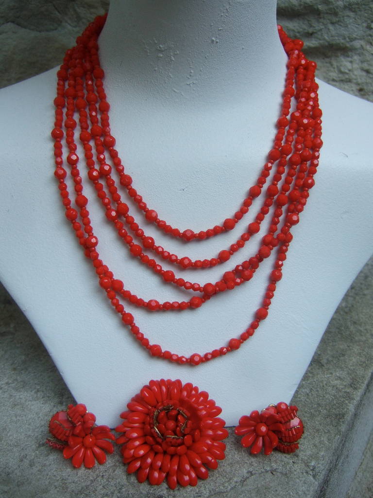 Women's Miriam Haskell Scarlet Glass Beaded Necklace Set c 1960