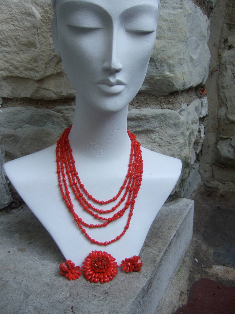 Miriam Haskell Scarlet Glass Beaded Necklace Set c 1960 In Excellent Condition In University City, MO
