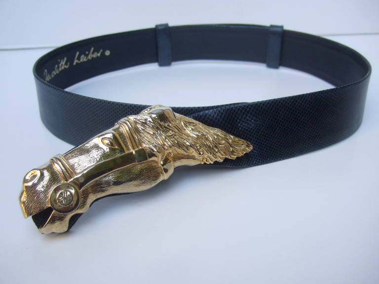 Women's Judith Leiber Gilt Metal Equine Buckle Embossed Blue Leather Belt c 1980 For Sale