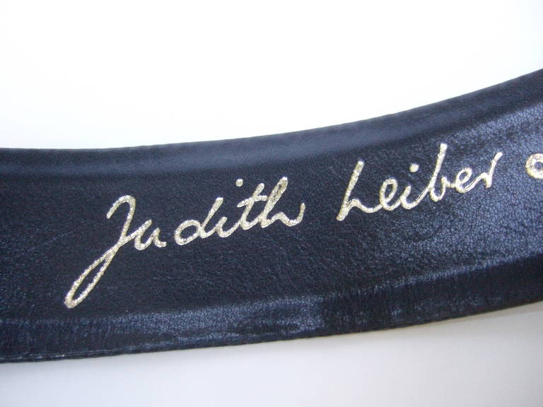 Black Judith Leiber Gilt Metal Equine Buckle Embossed Blue Leather Belt c 1980 For Sale