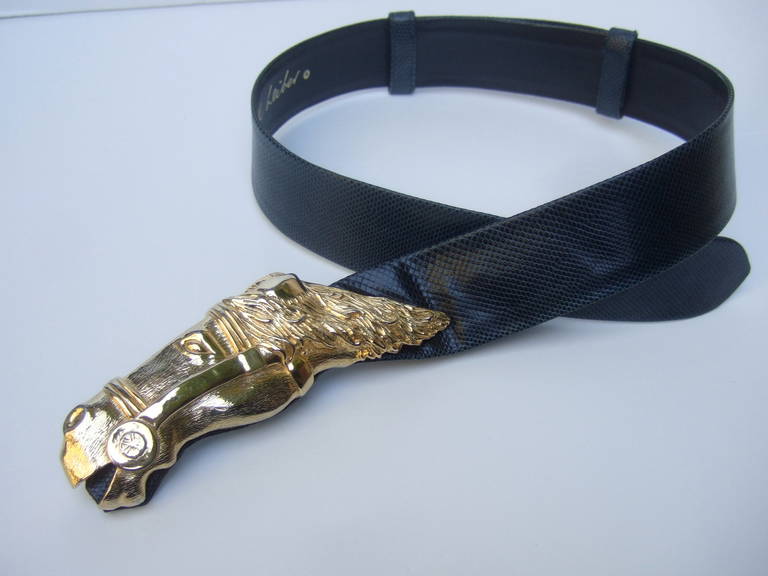 Judith Leiber Gilt Metal Equine Buckle Embossed Blue Leather Belt c 1980 In Good Condition For Sale In University City, MO