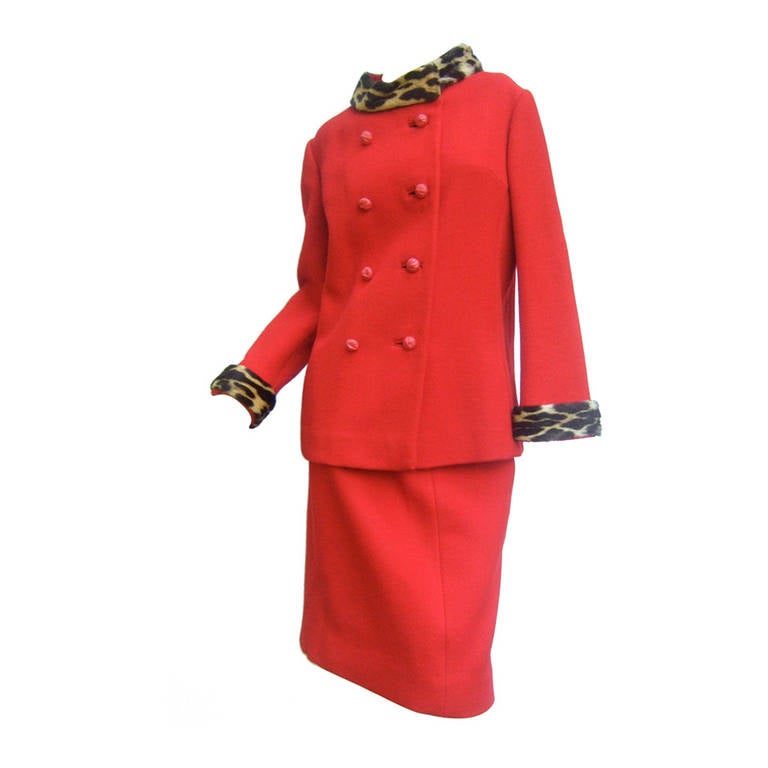 1960s Leopard Trim Red Wool Skirt Suit