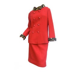 Vintage 1960s Leopard Trim Red Wool Skirt Suit