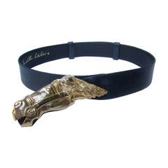 Judith Leiber Gilt Metal Equine Buckle Embossed Blue Leather Belt c 1980 10