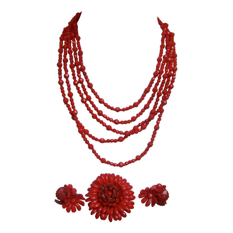 Miriam Haskell Scarlet Glass Beaded Necklace Set c 1960