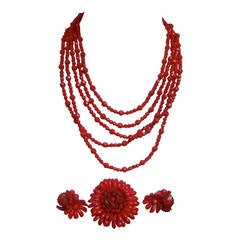 Vintage Miriam Haskell Scarlet Glass Beaded Necklace Set c 1960
