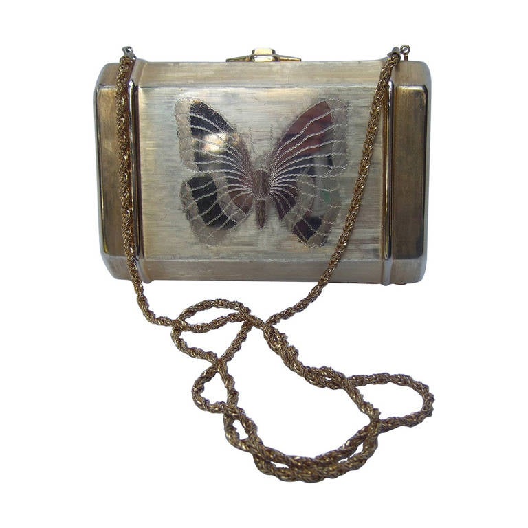 Saks Fifth Avenue Gilt Metal Butterfly Evening Bag c 1970 at 1stdibs