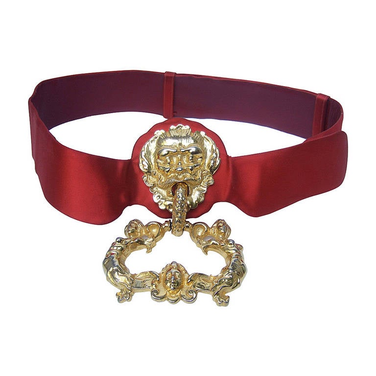 Judith Leiber Massive Figural Gilt Metal Door Knocker Ruby Satin Belt