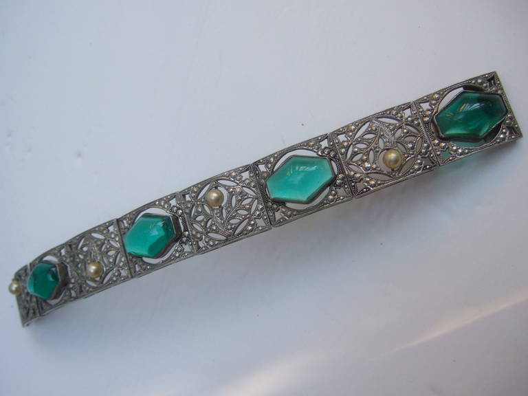 Art Deco 1930s Emerald Glass Cabochon Maracasite Bracelet In Good Condition In University City, MO