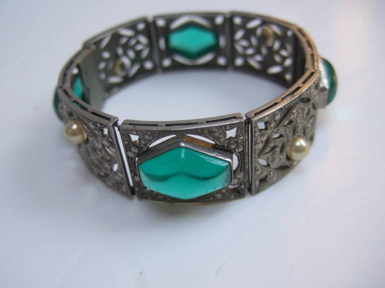 Women's Art Deco 1930s Emerald Glass Cabochon Maracasite Bracelet
