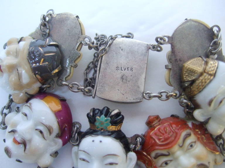 Seven Lucky Gods of Japan Silver Bracelet ca 1950s 1