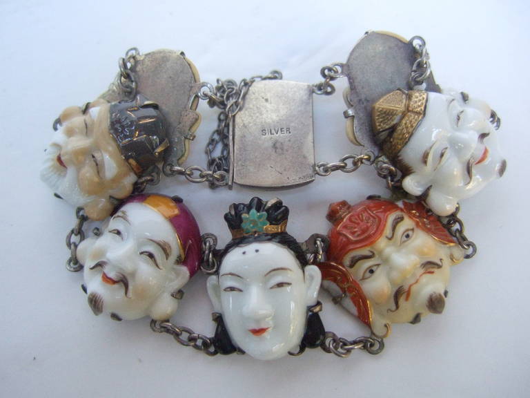 Seven Lucky Gods of Japan Silver Bracelet ca 1950s 3