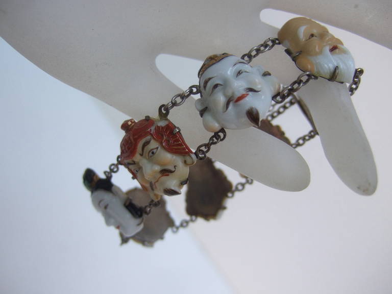 Seven Lucky Gods of Japan Silver Bracelet ca 1950s In Excellent Condition In University City, MO