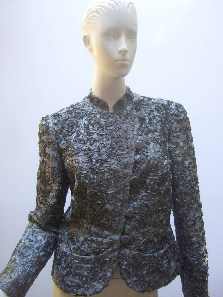 Armani Stunning Pewter Satin Ribbon Evening Jacket Size 8 In Excellent Condition In University City, MO