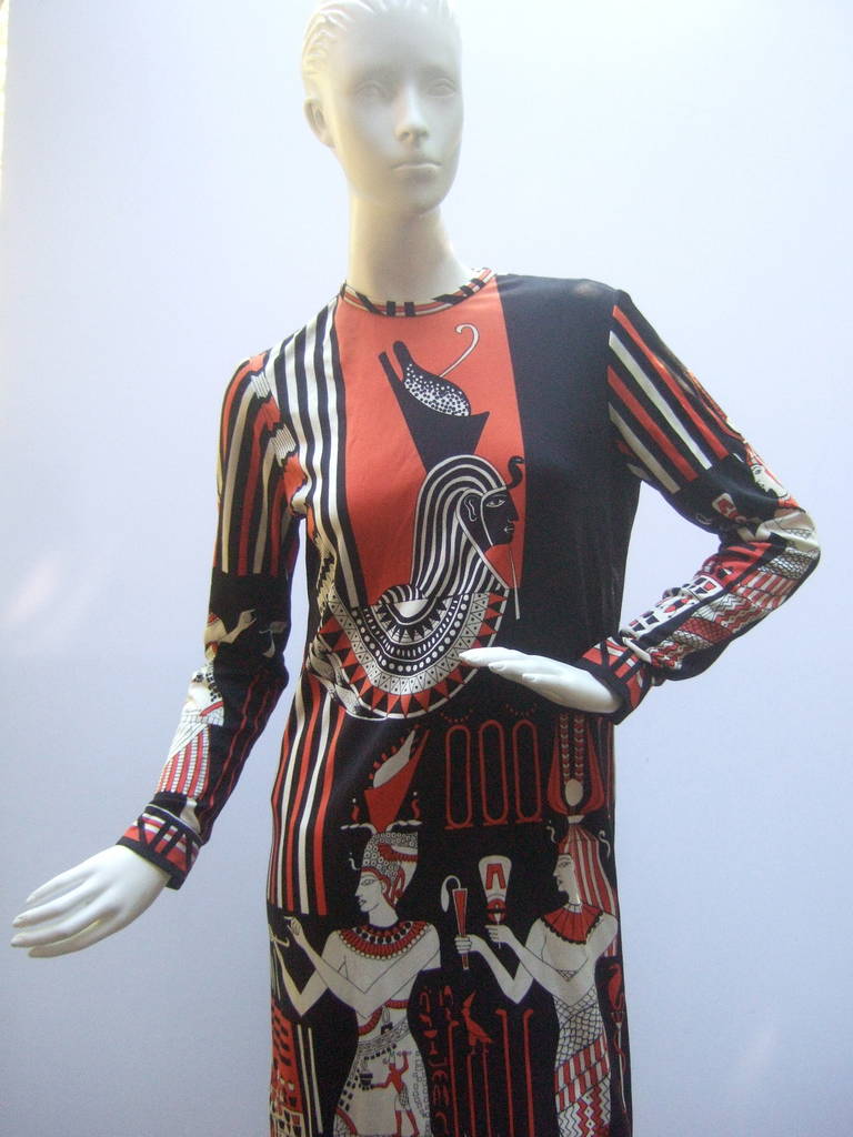 Paganne Egyptian Graphic Print Knit Dress c 1970 at 1stDibs