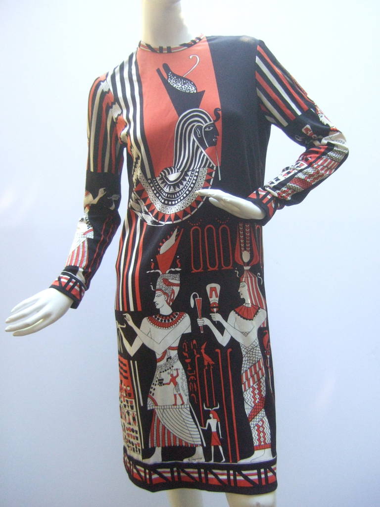 Paganne Egyptian Graphic Print Knit Dress c 1970 at 1stDibs