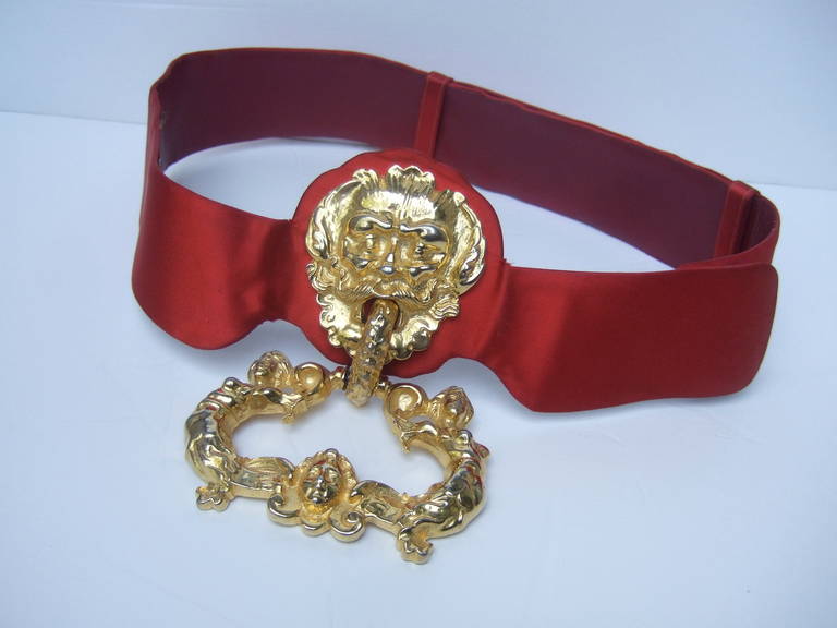 Judith Leiber Massive Figural Gilt Metal Door Knocker Ruby Satin Belt 3