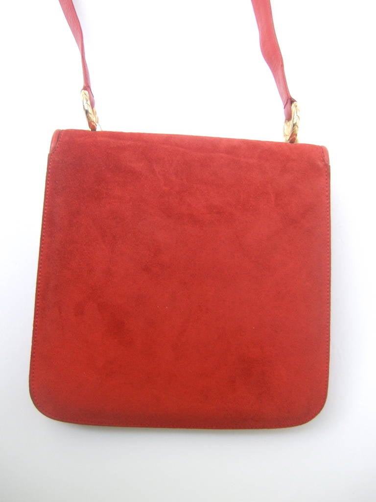 Gucci Italy Scarlet Red Suede Tiger Clasp Handbag c 1970 4