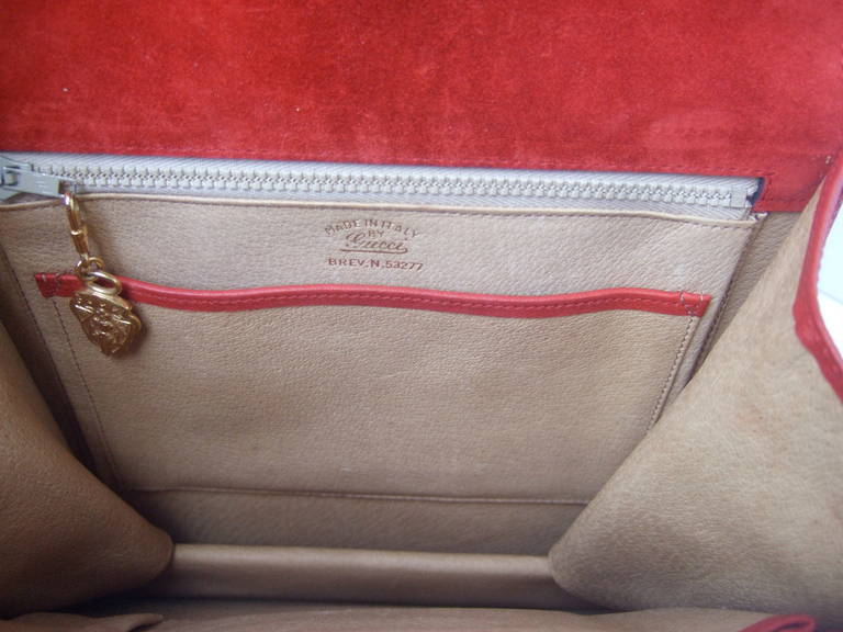 Gucci Italy Scarlet Red Suede Tiger Clasp Handbag c 1970 3